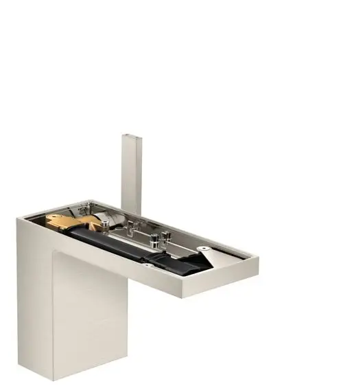 Modularer AXOR Einhebel-Waschtischmischer mit offenem Innenleben in Edelstahl-Optik. Eingebauter Push-Open Ablaufmechanismus ohne Platte.